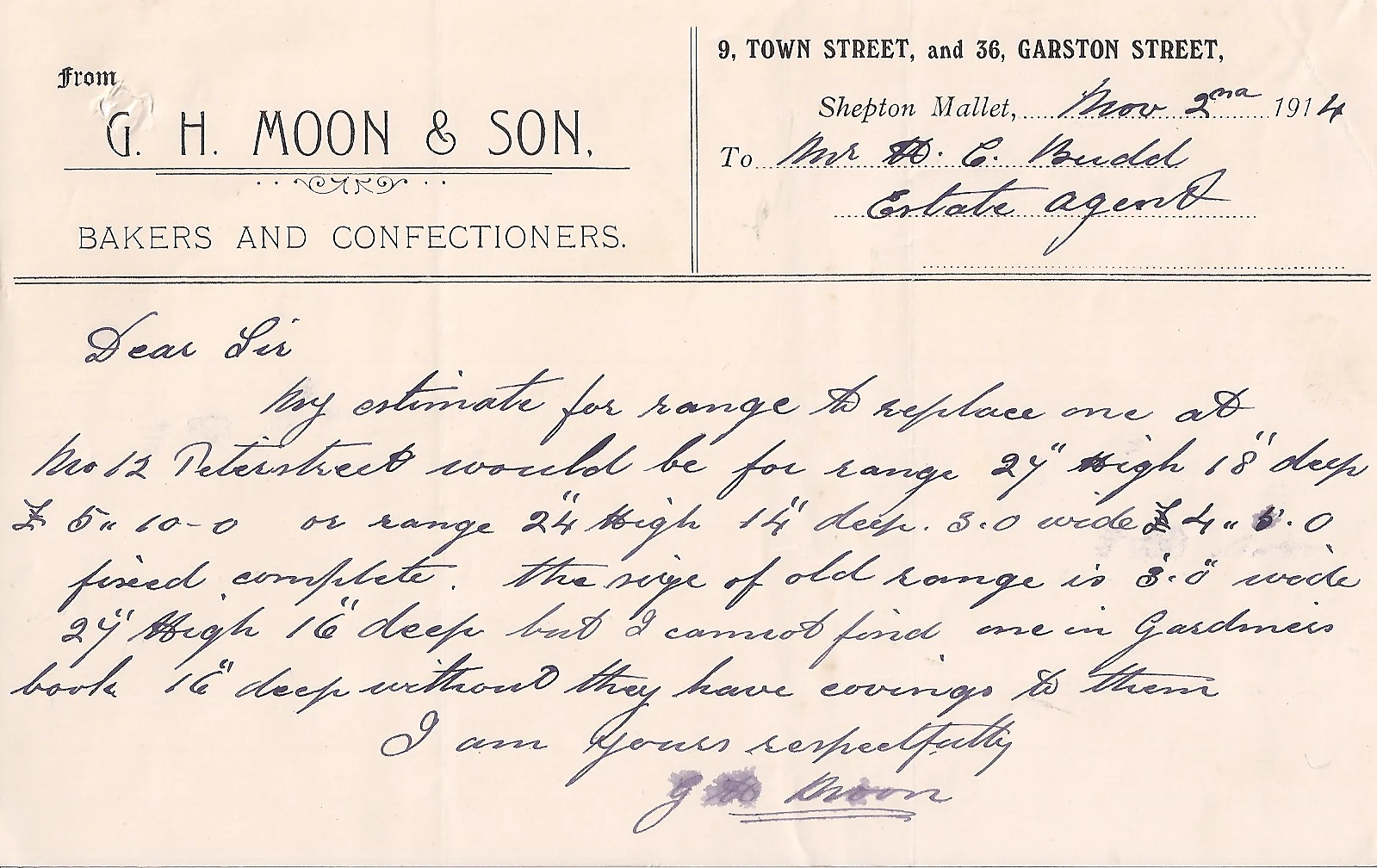 G. H. Moon and Son letterhead giving the address as 9 Town Street
